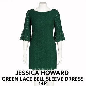 Jessica Howard 14P petite lace Bell sleeve emerald dress. Special occasion.